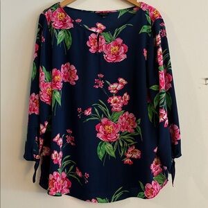 Talbots Floral Navy 3/4 Sleeve Blouse Lightweight XL